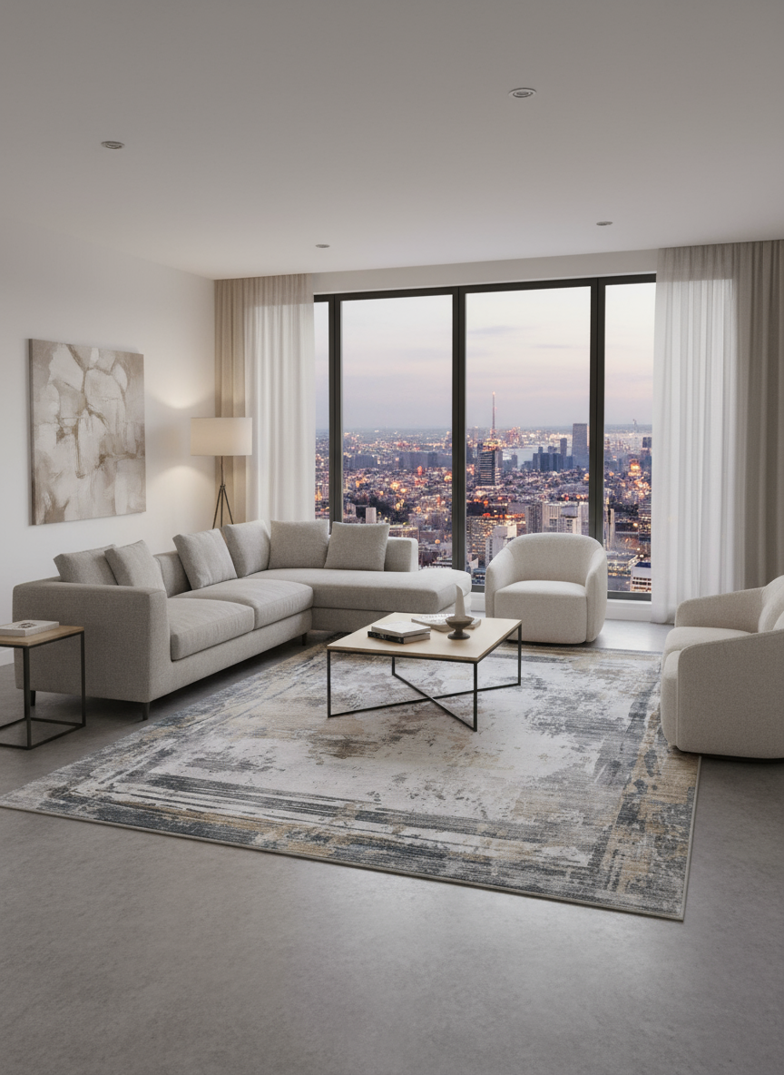 Serene Frame Faux Rabbit Fur Area Rug – Distressed Border Design in Blue & Beige