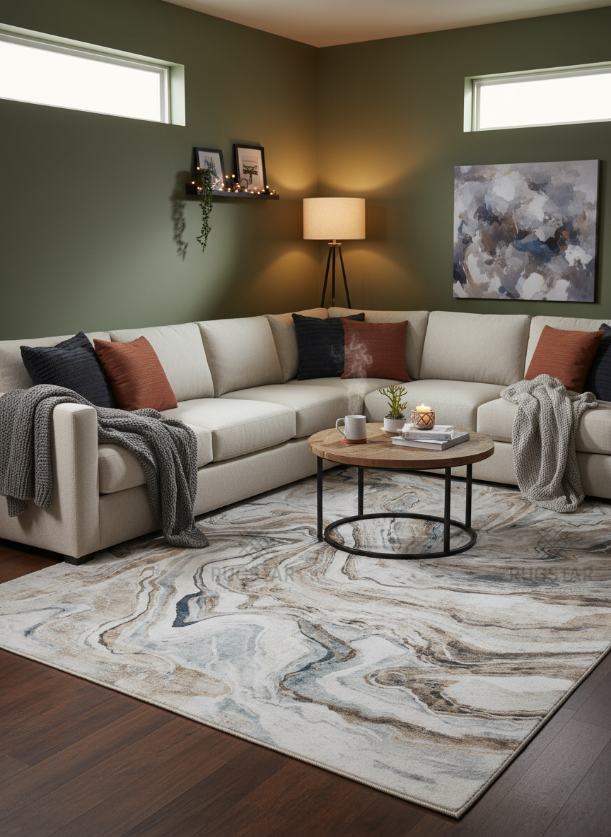 Marble Wave Faux Rabbit Fur Area Rug – Elegant Flow Pattern Plush Modern Carpet