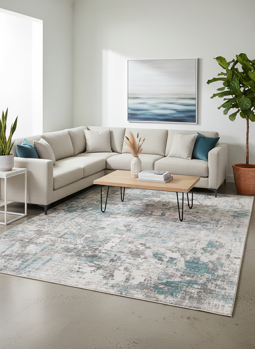 Frosted Azure Faux Rabbit Fur Area Rug – Subtle Distressed Abstract Blue & Grey Plush Carpet