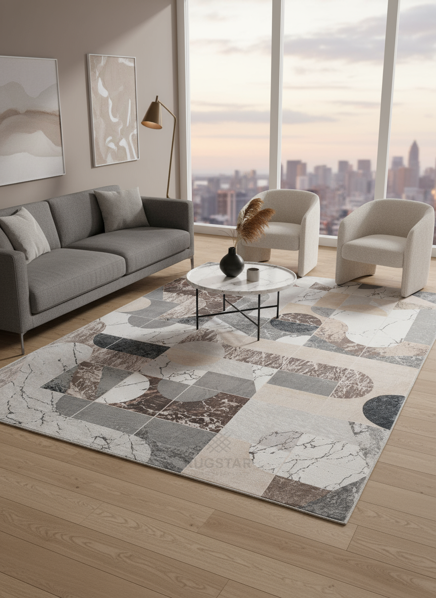 Marble Mosaic Faux Rabbit Fur Area Rug – Geometric Luxury Carpet with Marble Effect