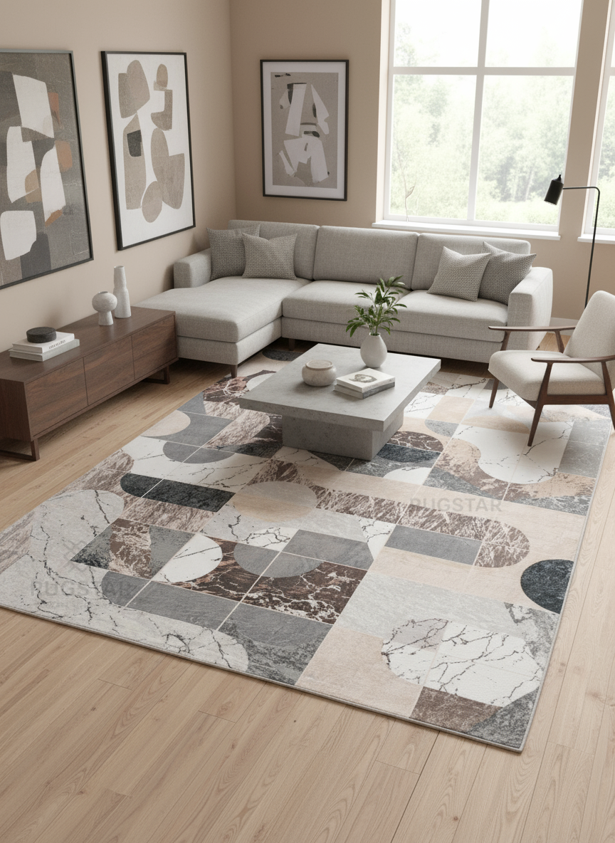 Marble Mosaic Faux Rabbit Fur Area Rug – Geometric Luxury Carpet with Marble Effect