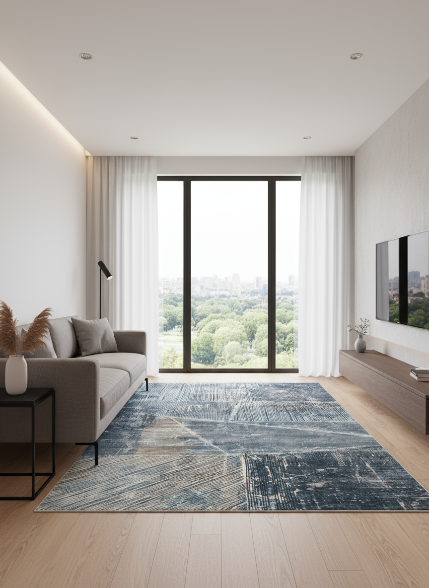 Indigo Grid Faux Rabbit Fur Area Rug – Modern Geometric Textured Blue Plush Carpet