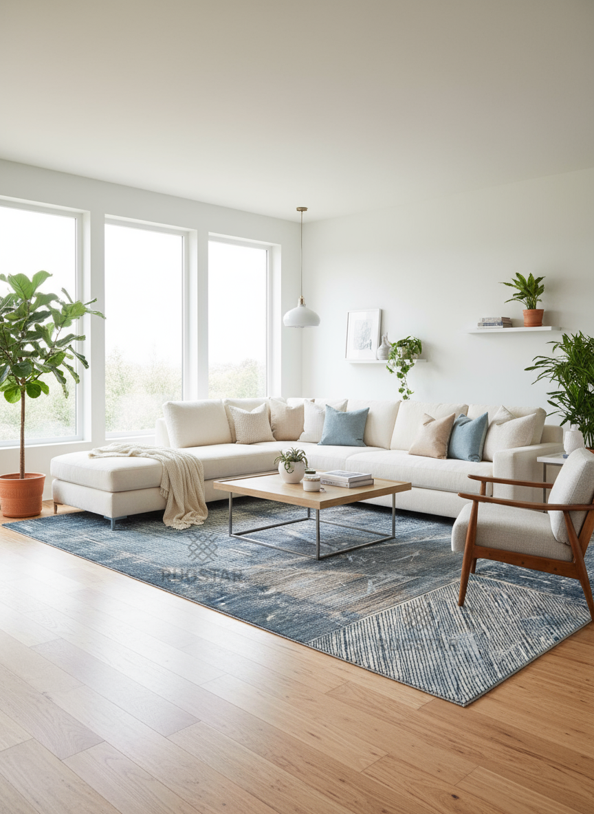 Indigo Grid Faux Rabbit Fur Area Rug – Modern Geometric Textured Blue Plush Carpet