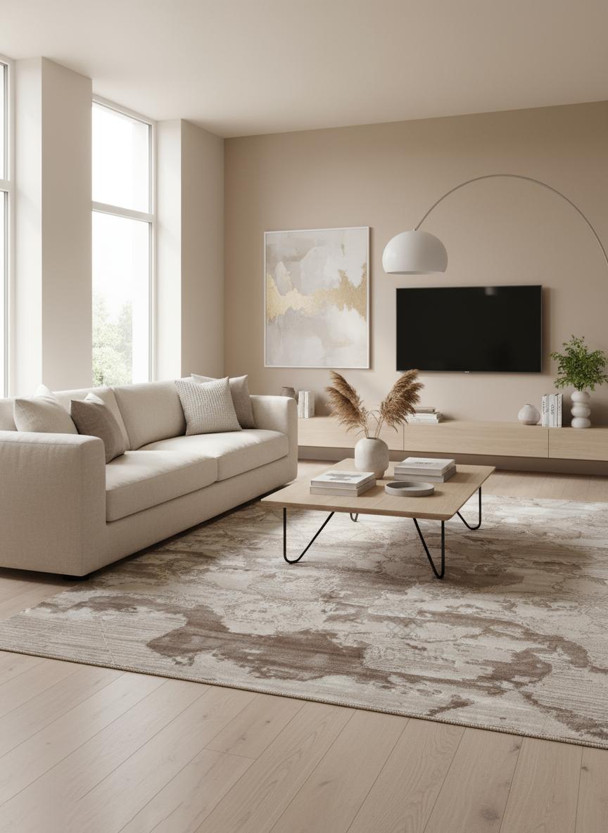 Metro Beige Abstract Carpet – Premium Polyester with Shrink Acrylic, Modern Neutral Elegance