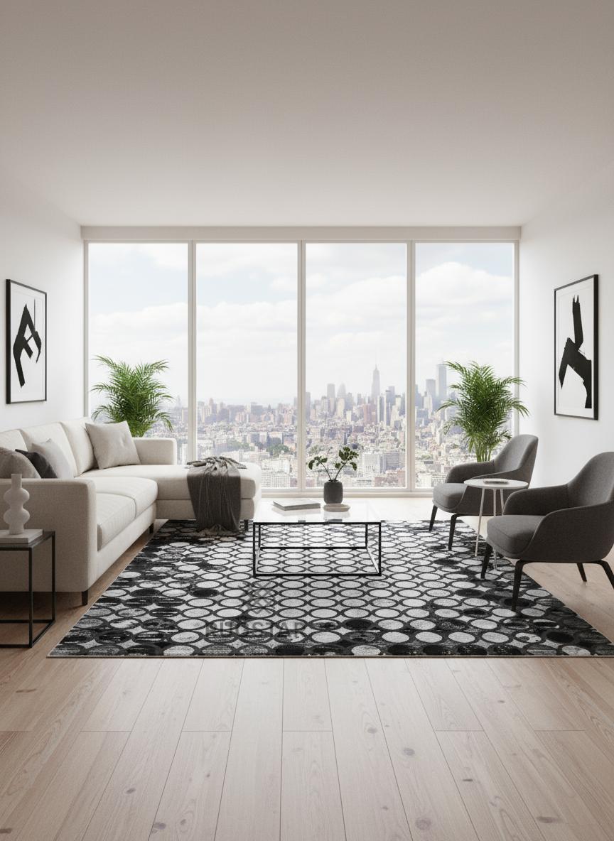 Metro Silver Circle Pattern Carpet – Geometric Modern Design, Luxurious Soft Feel