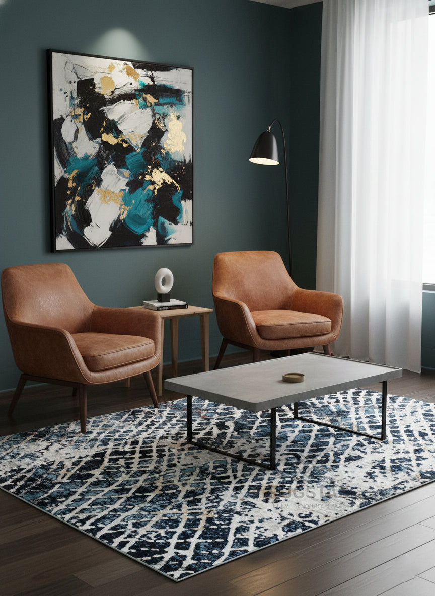 Topkapi Midnight Blue Abstract Carpet – Bold Contemporary Art for Modern Interiors