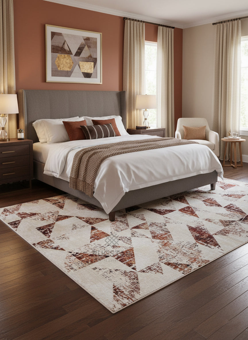 Topkapi Beige Geometric Carpet – Warm Modern Design with Rust Highlights