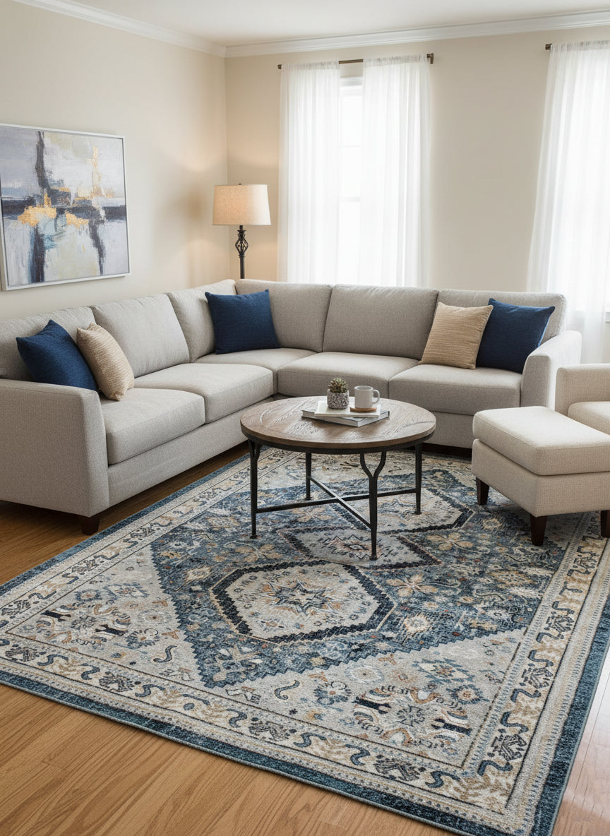 Topkapi Blue Medallion Carpet – Classic Turkish Elegance in Soft Blue and Ivory