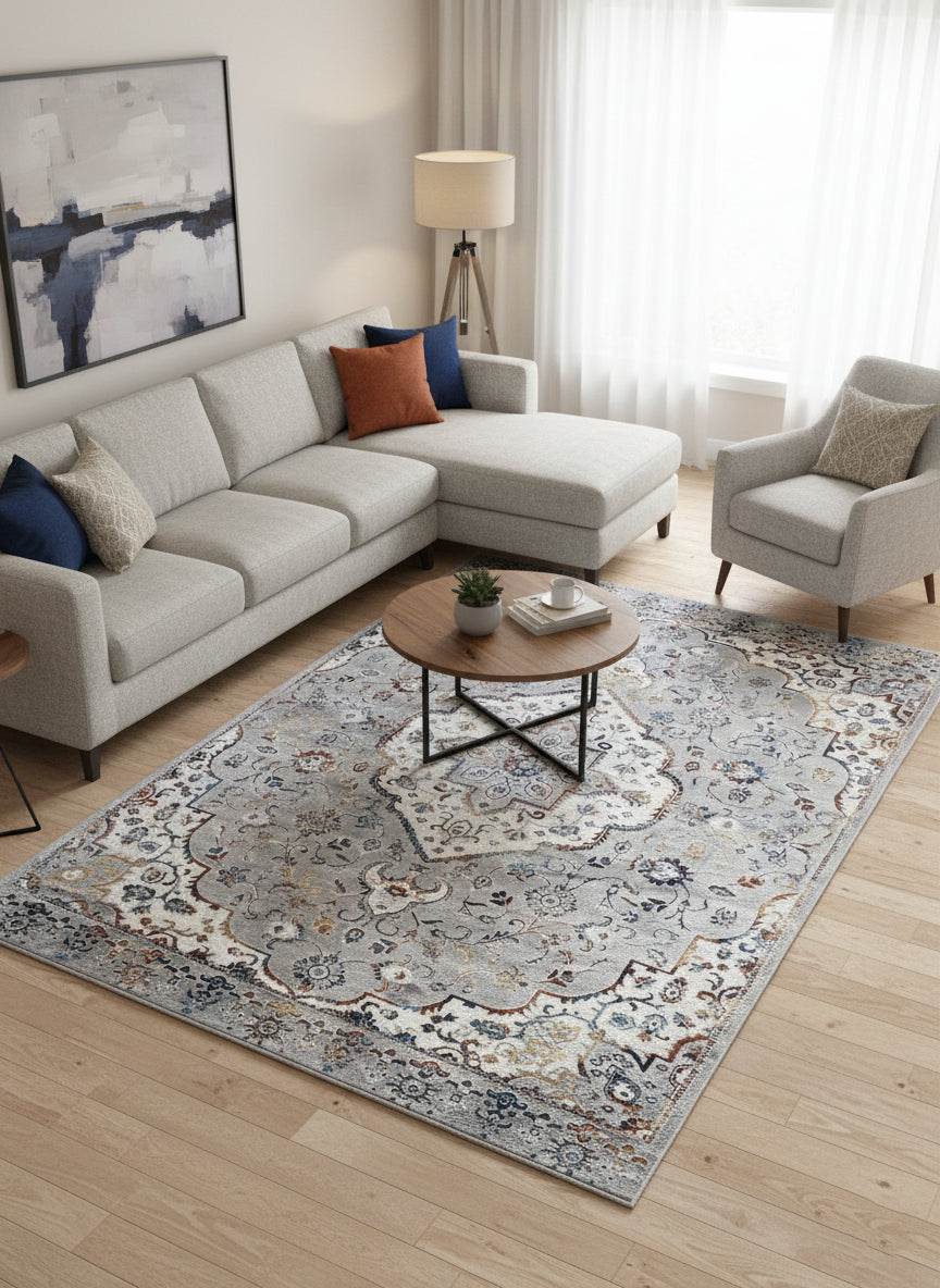 Topkapi Grey Persian Carpet – Classic Floral Medallion in Silver and Blue