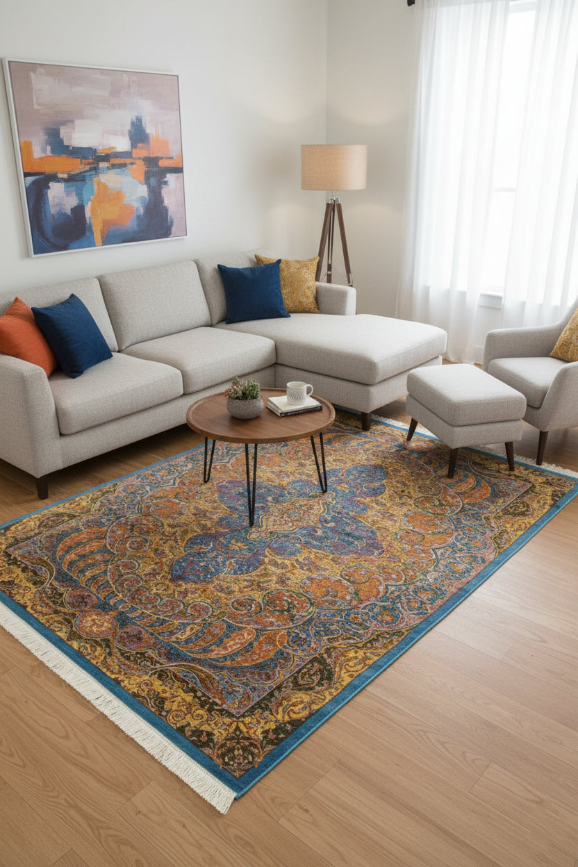 Persian Silk Carpet - Royal Blue & Golden Harmony