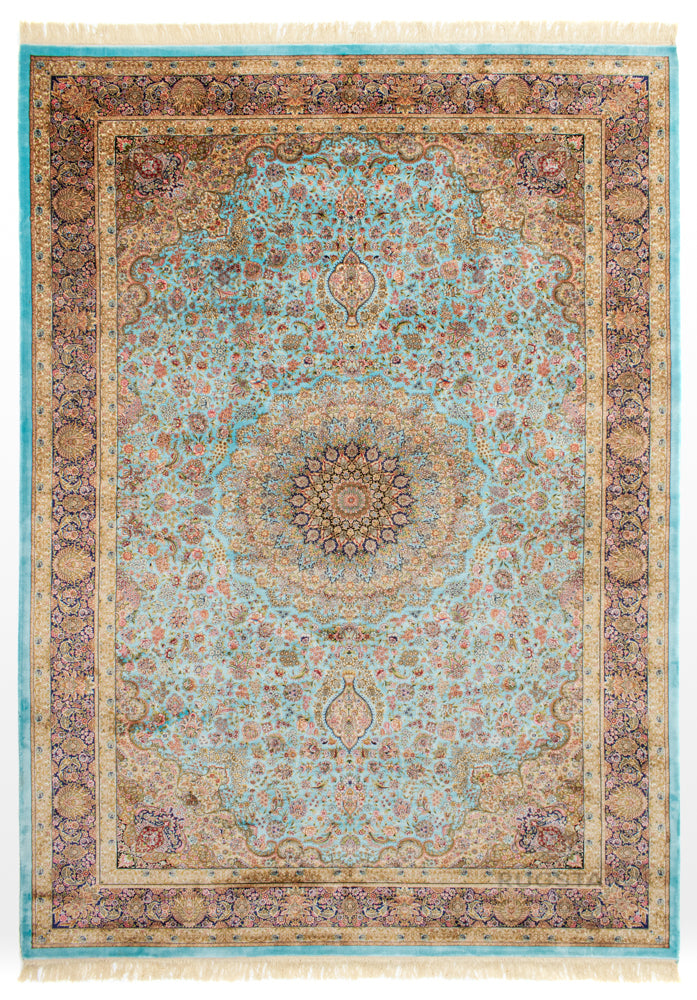 Persian Silk Carpet - Azure Blossom Medallion