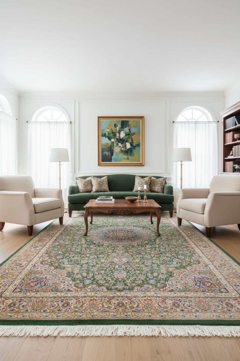 Persian Silk Carpet - Emerald Garden Splendor