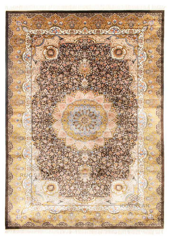 Persian Silk Carpet - Mocha Gold Lotus Emblem
