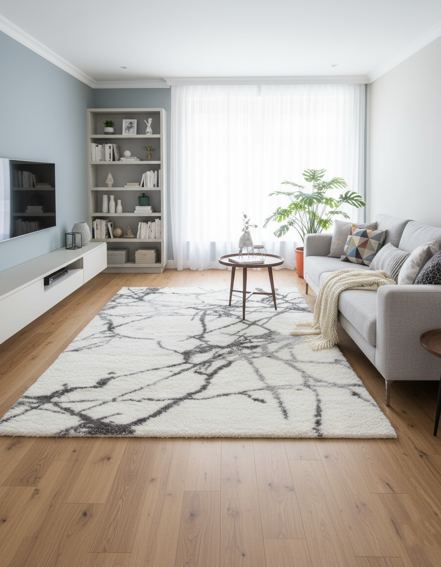 Turkish Washable Shaggy Carpet – White & Grey Modern Abstract Design | Soft Polyester Floor Rug