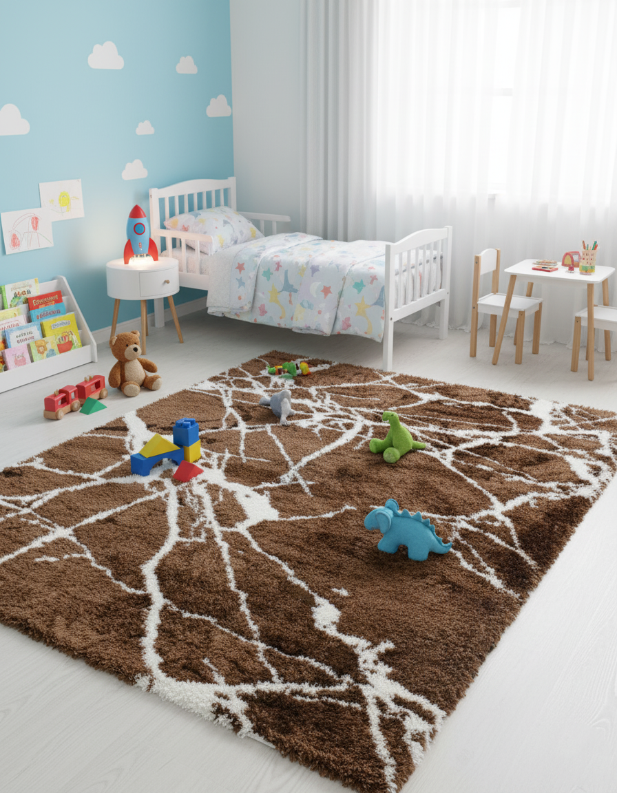 Turkish Washable Shaggy Carpet – Coffee Brown & White Abstract Pattern | Soft Polyester Rug