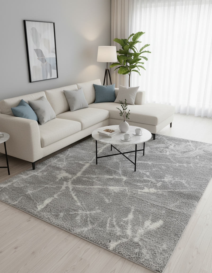 Turkish Washable Shaggy Carpet – Light Grey & White Abstract Design | Premium Soft Polyester Rug