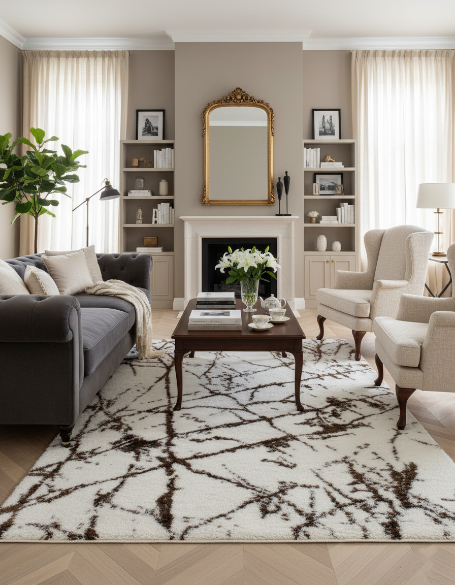 Turkish Washable Shaggy Carpet – White & Dark Brown Fine Abstract Pattern | Soft Polyester Rug