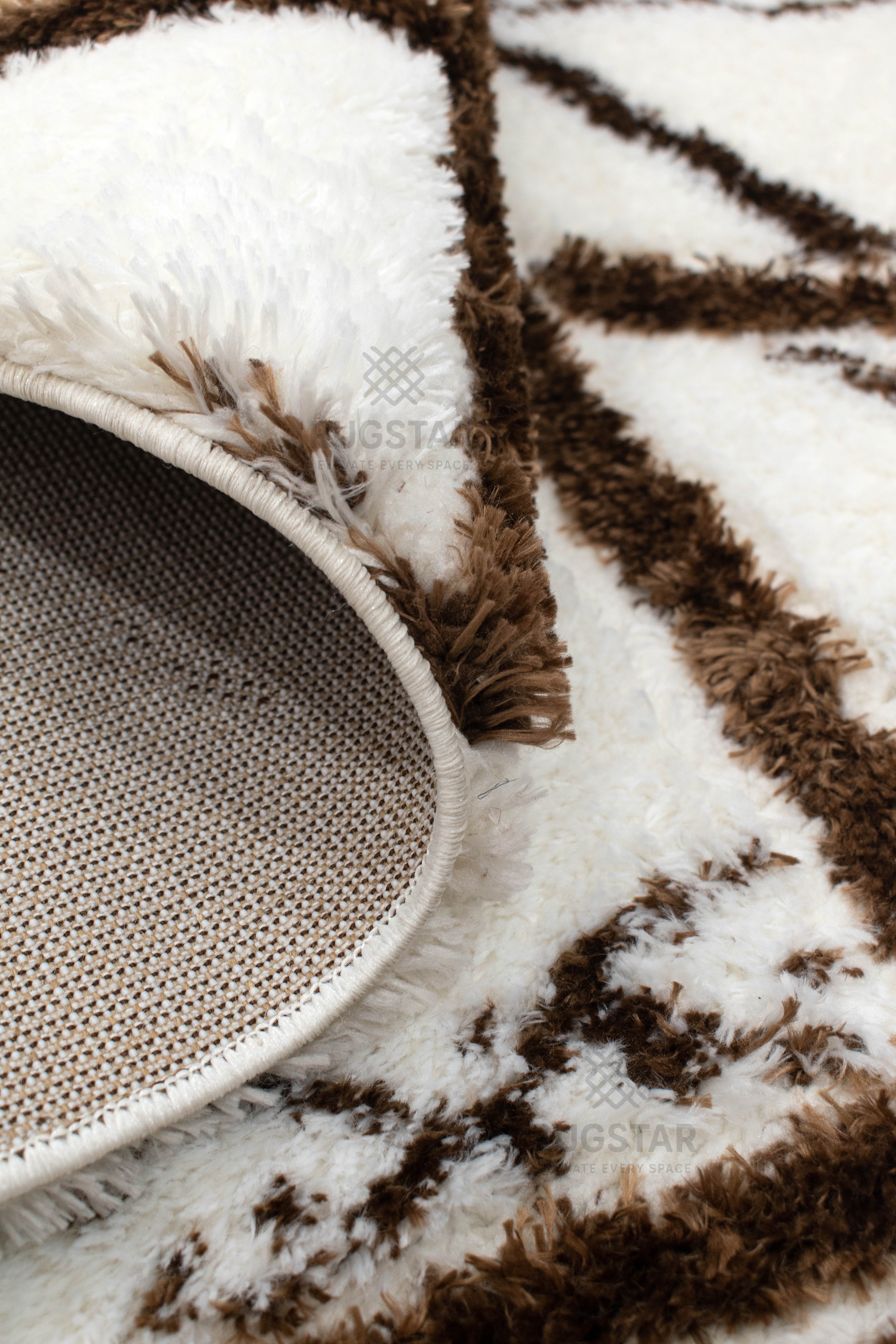 Turkish Washable Shaggy Carpet – White & Brown Geometric Abstract Pattern