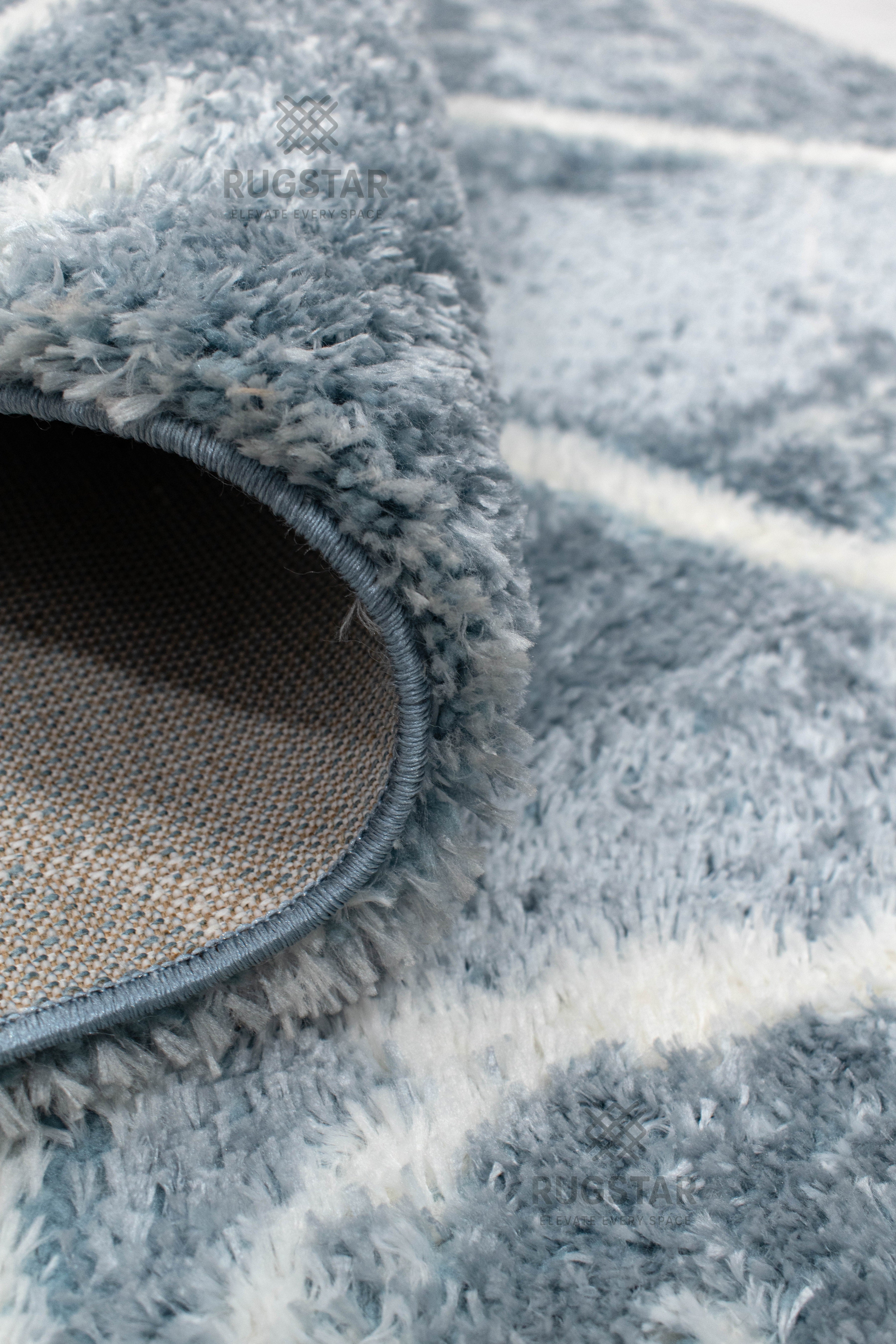 Turkish Washable Shaggy Carpet – Sky Blue & White Geometric Lines