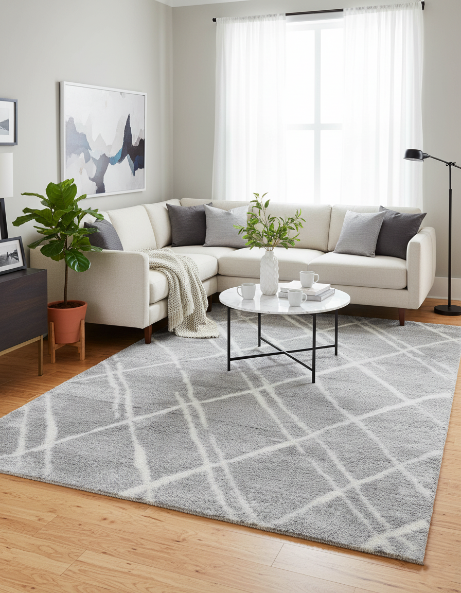 Turkish Washable Shaggy Carpet – Light Grey & White Diamond Pattern