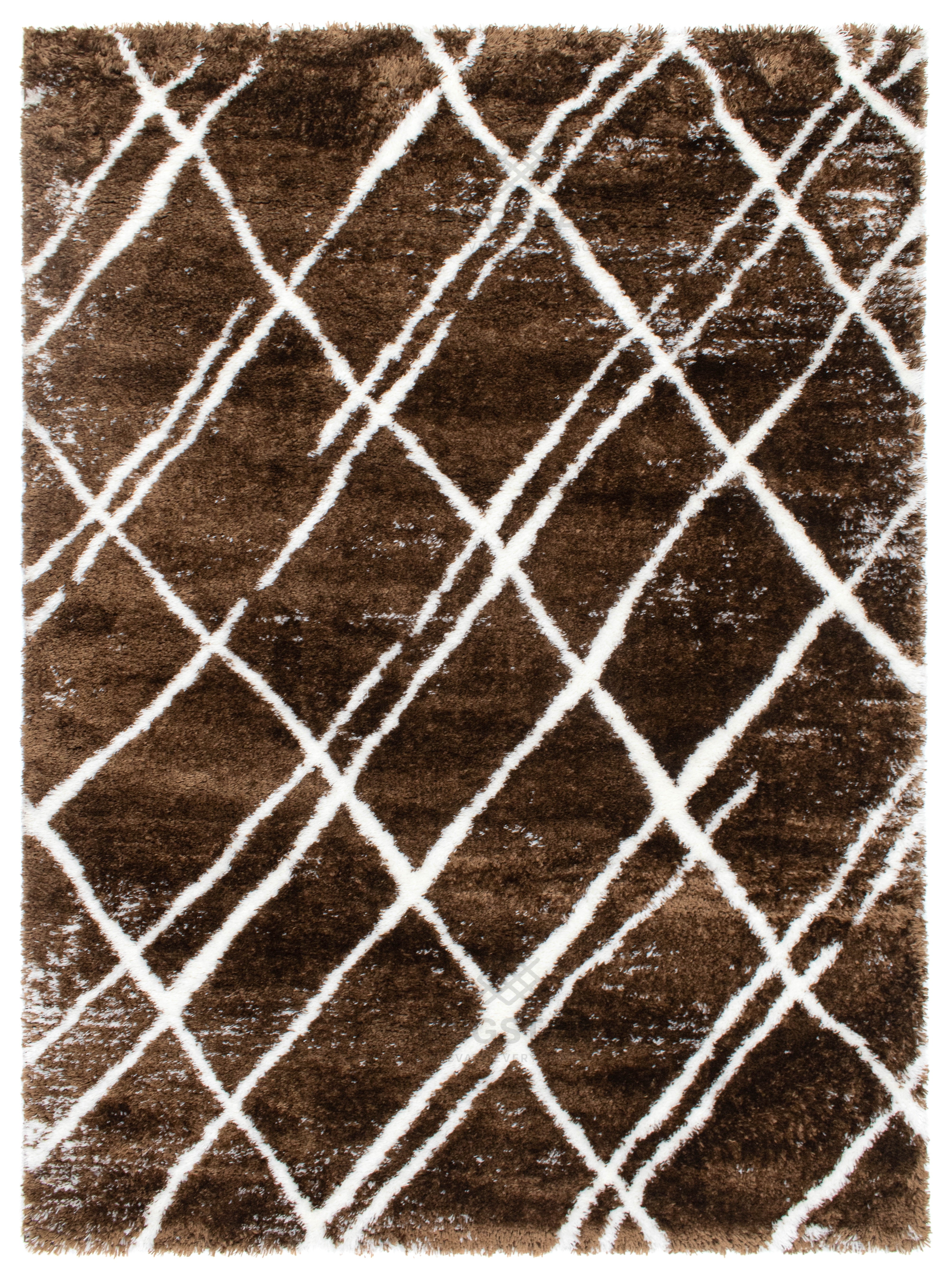 Turkish Washable Shaggy Carpet – Coffee Brown & White Diamond Lines