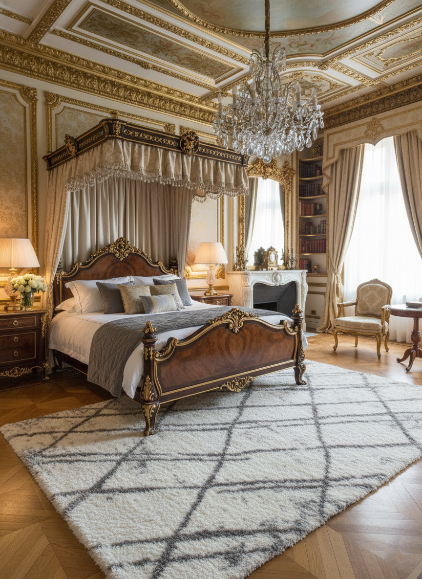 Turkish Washable Shaggy Carpet – Off‚ÄëWhite & Grey Diamond Pattern