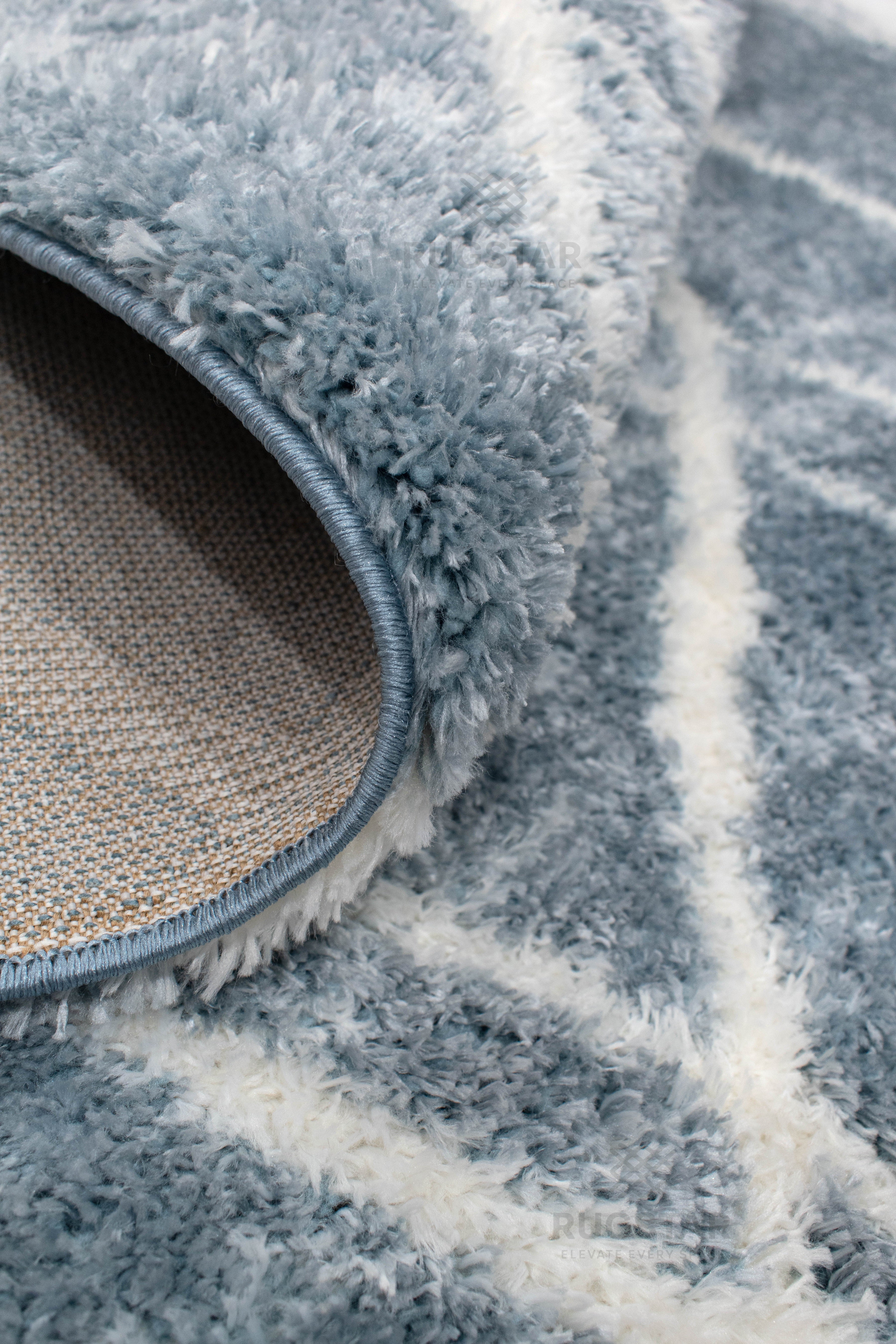 Turkish Washable Shaggy Carpet – Sky Blue & White Diamond Lines