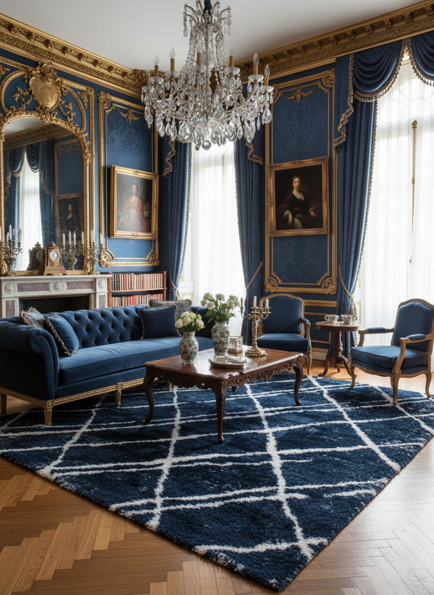 Turkish Washable Shaggy Carpet – Navy Blue & White Diamond Abstract