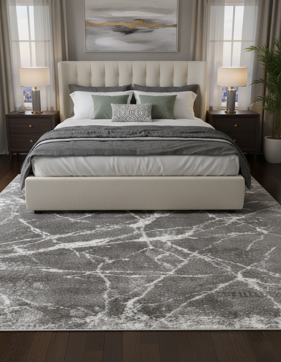 Turkish Washable Shaggy Carpet – Grey Marble Texture