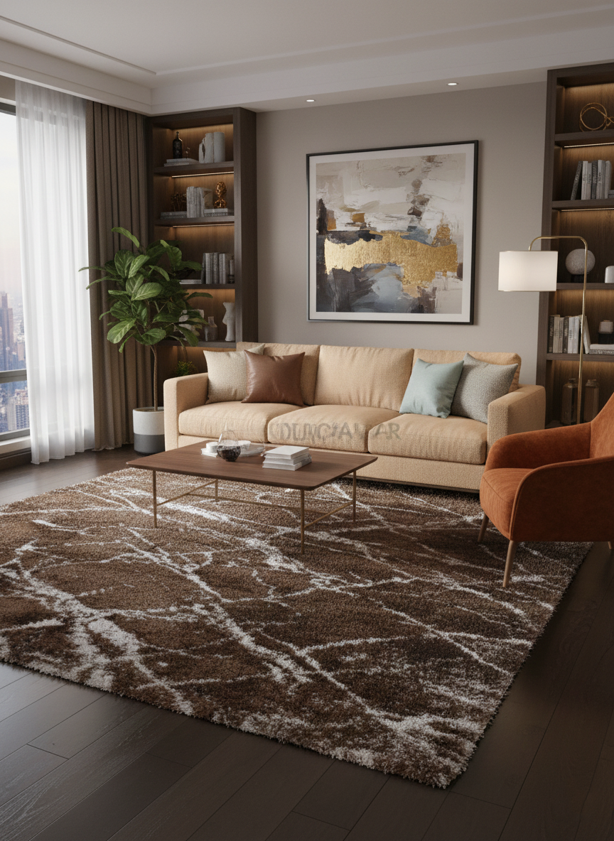 Turkish Washable Shaggy Carpet – Coffee Brown Marble Design