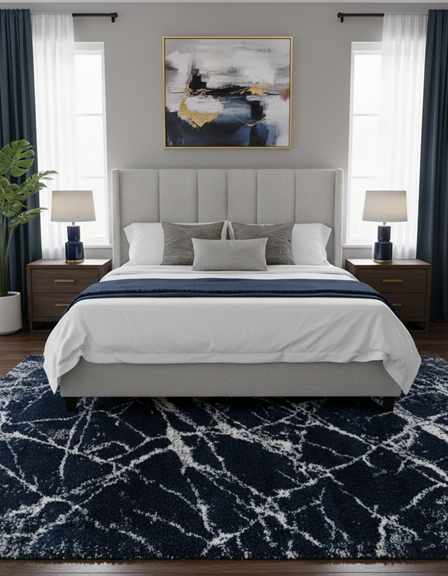 Turkish Washable Shaggy Carpet – Navy Blue & White Abstract Marble Pattern