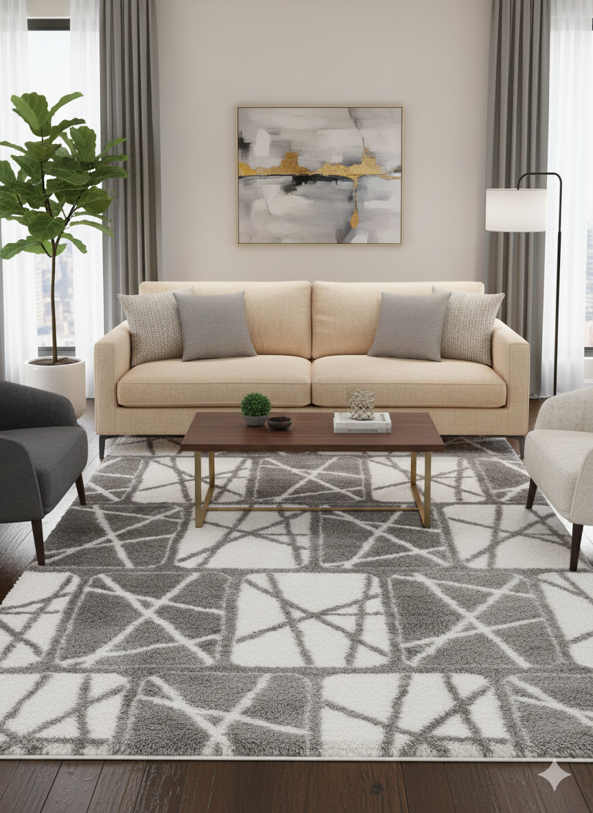 Turkish Washable Shaggy Carpet – Grey & White Modern Block Pattern