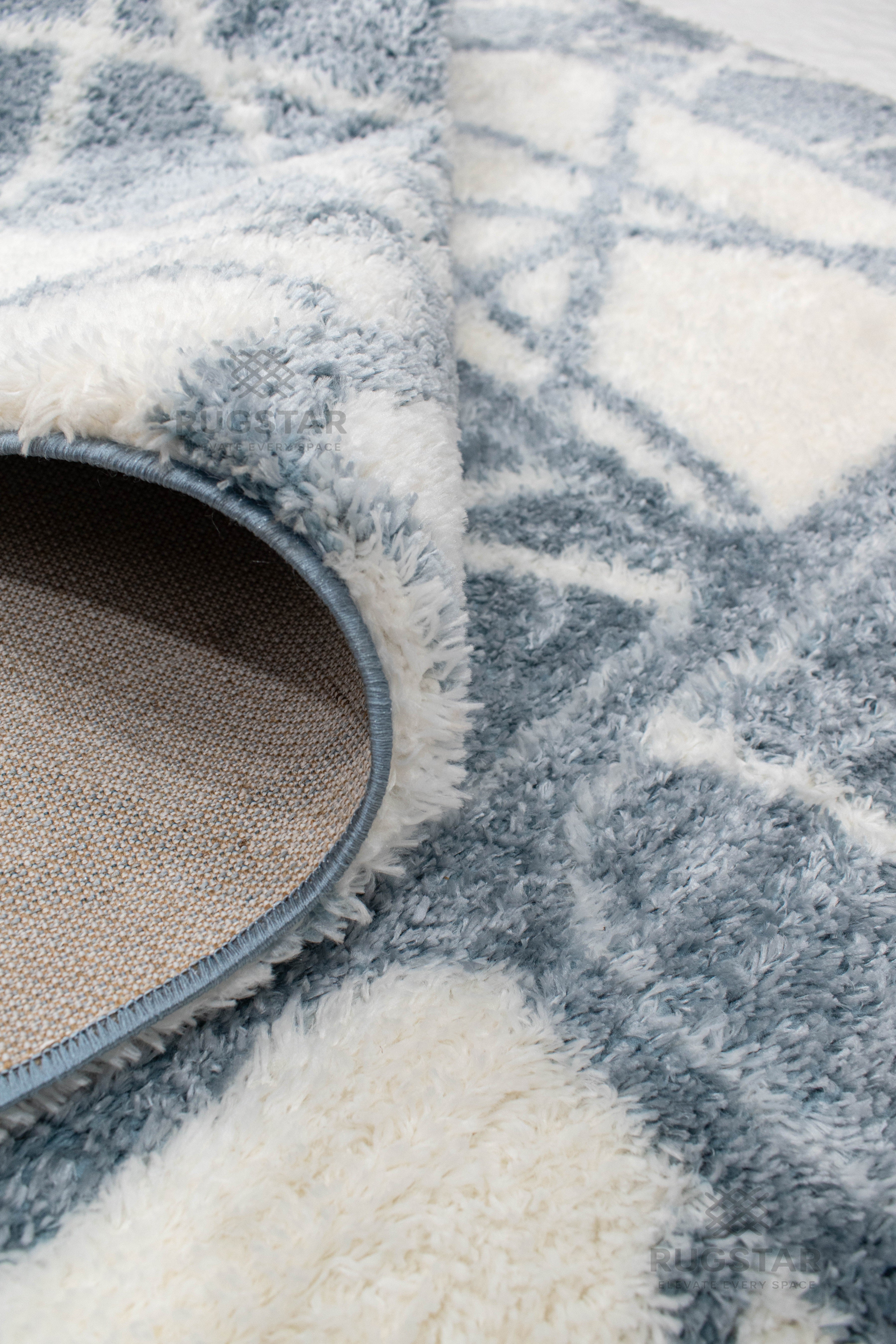 Turkish Washable Shaggy Carpet – Sky Blue & White Modern Block Pattern