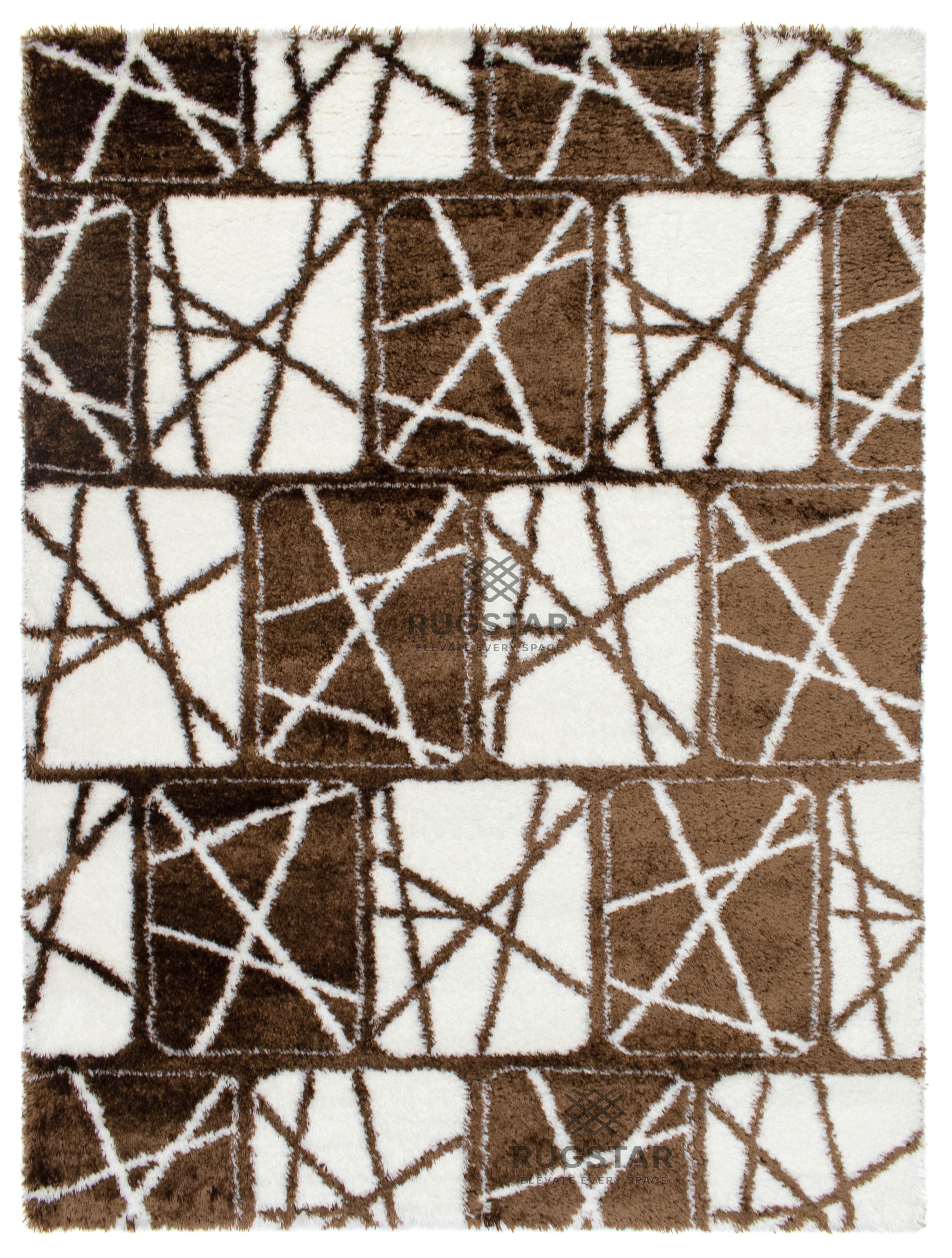 Turkish Washable Shaggy Carpet – Coffee Brown & White Geometric Block Pattern