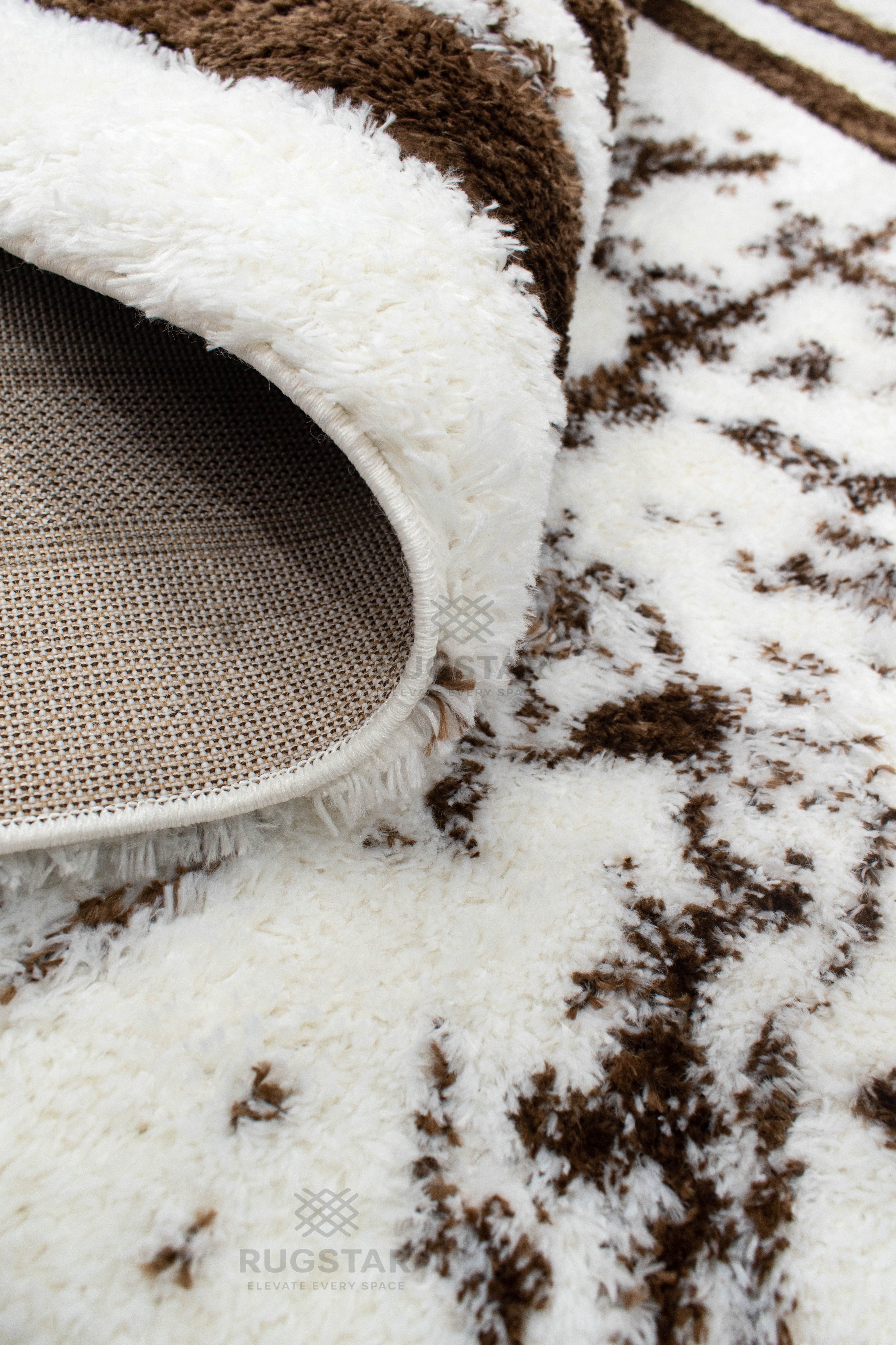 Turkish Washable Shaggy Carpet – White & Brown Border Marble Pattern