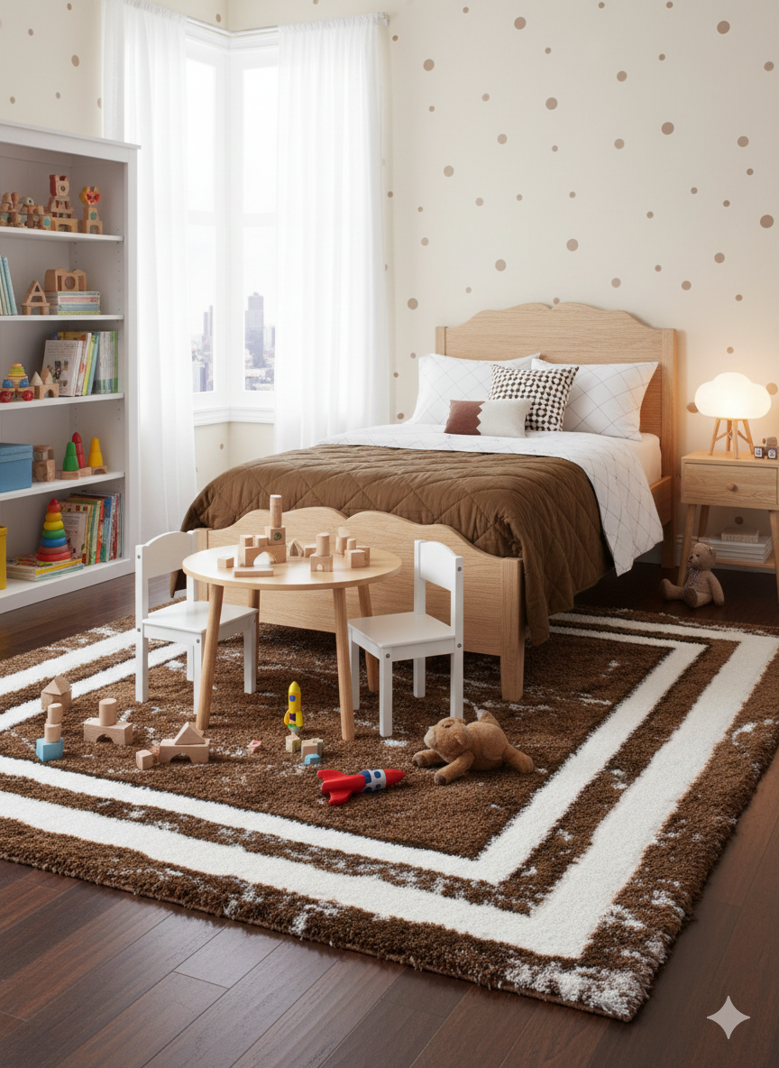 Turkish Washable Shaggy Carpet – Deep Coffee Border & Center Design