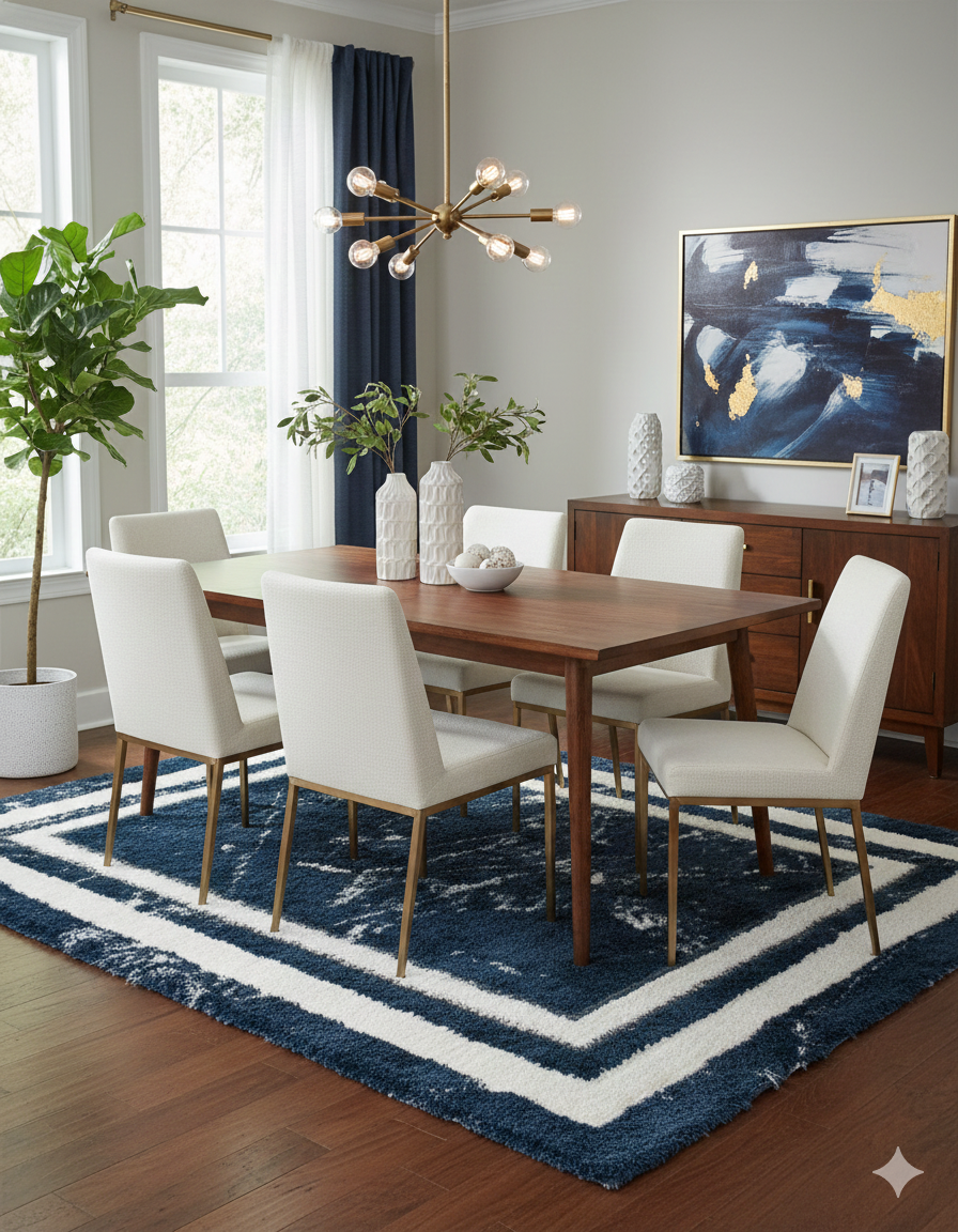 Turkish Washable Shaggy Carpet – Navy Blue Border & Marble Center