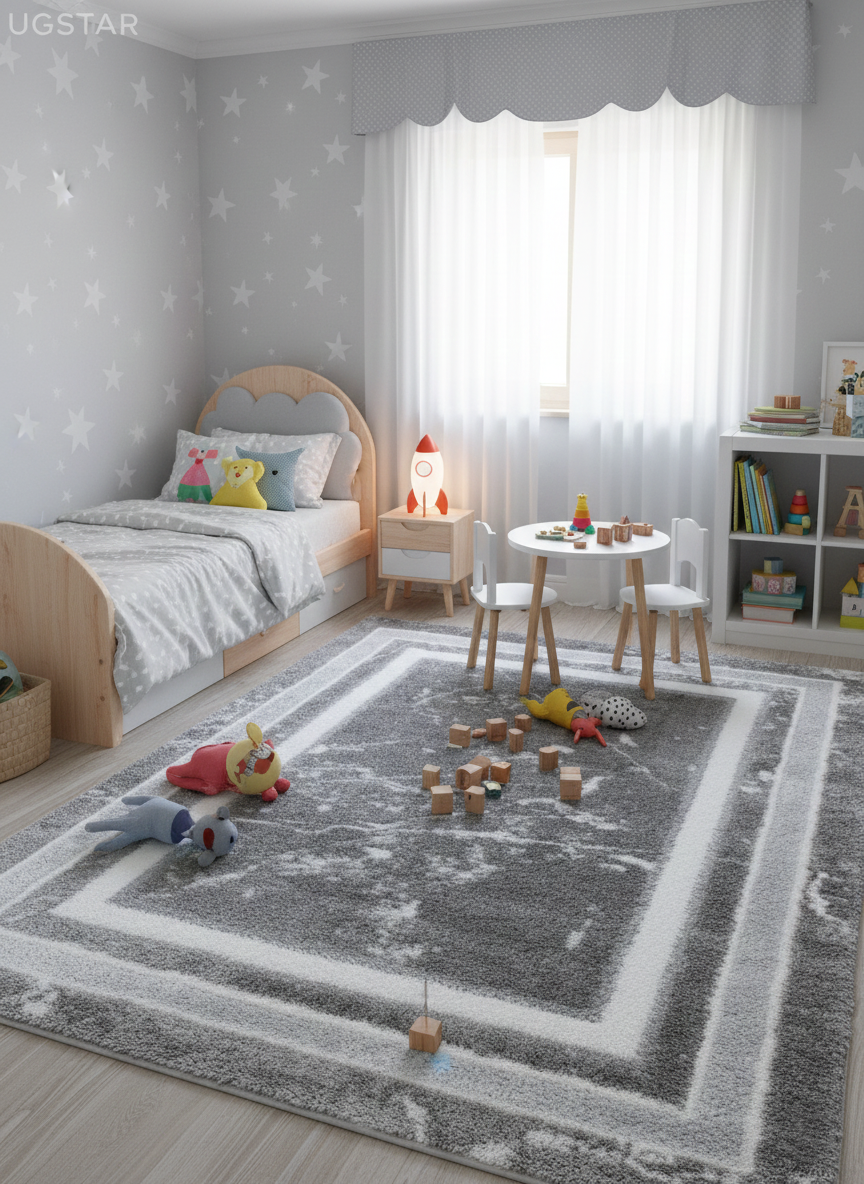 Turkish Washable Shaggy Carpet – Soft Grey Border Minimal Texture