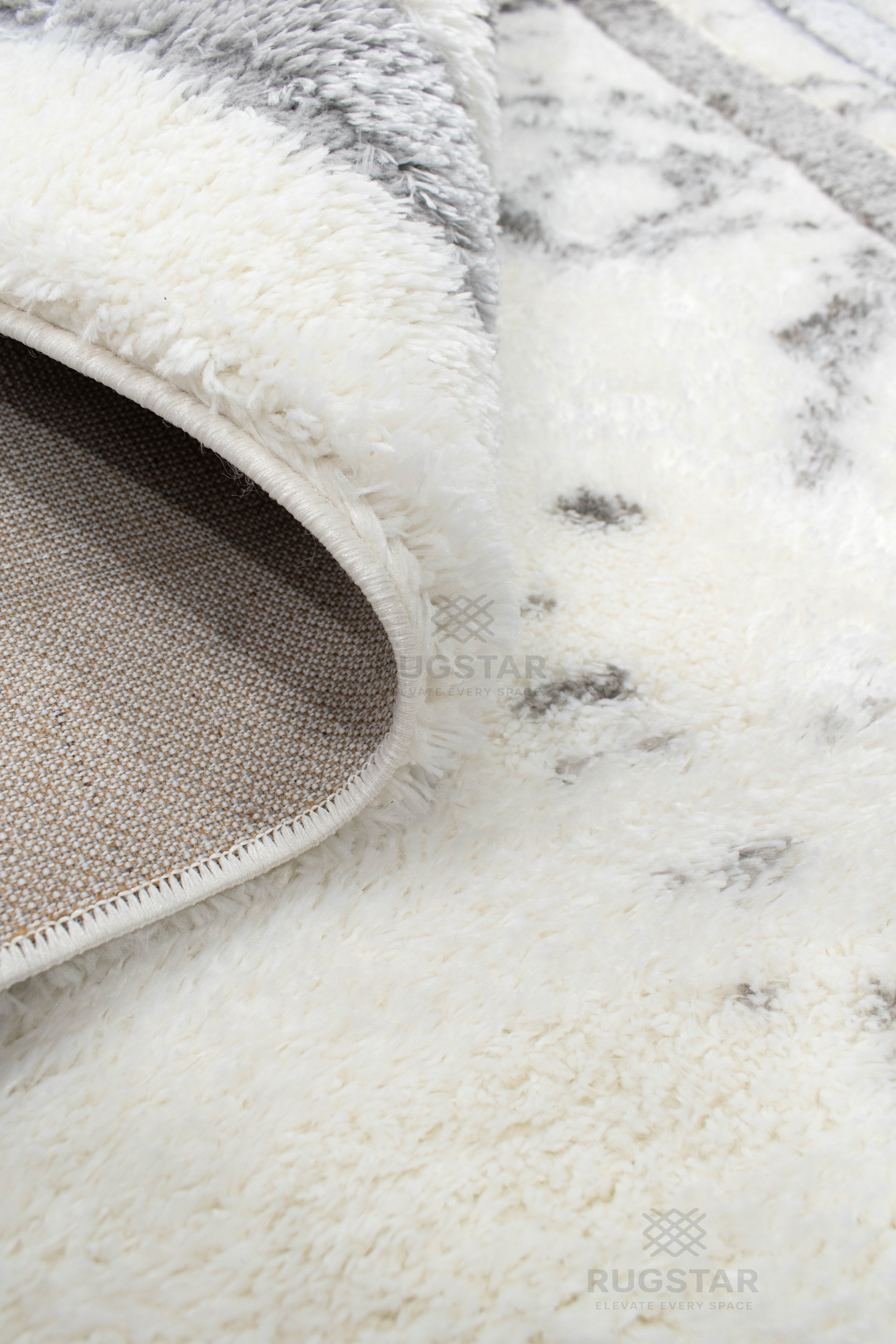 Turkish Washable Shaggy Carpet – White & Grey Border Marble Pattern