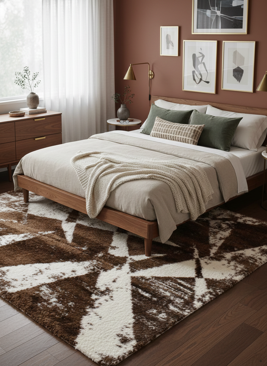 Turkish Washable Shaggy Carpet – Coffee Brown & White Geometric Abstract