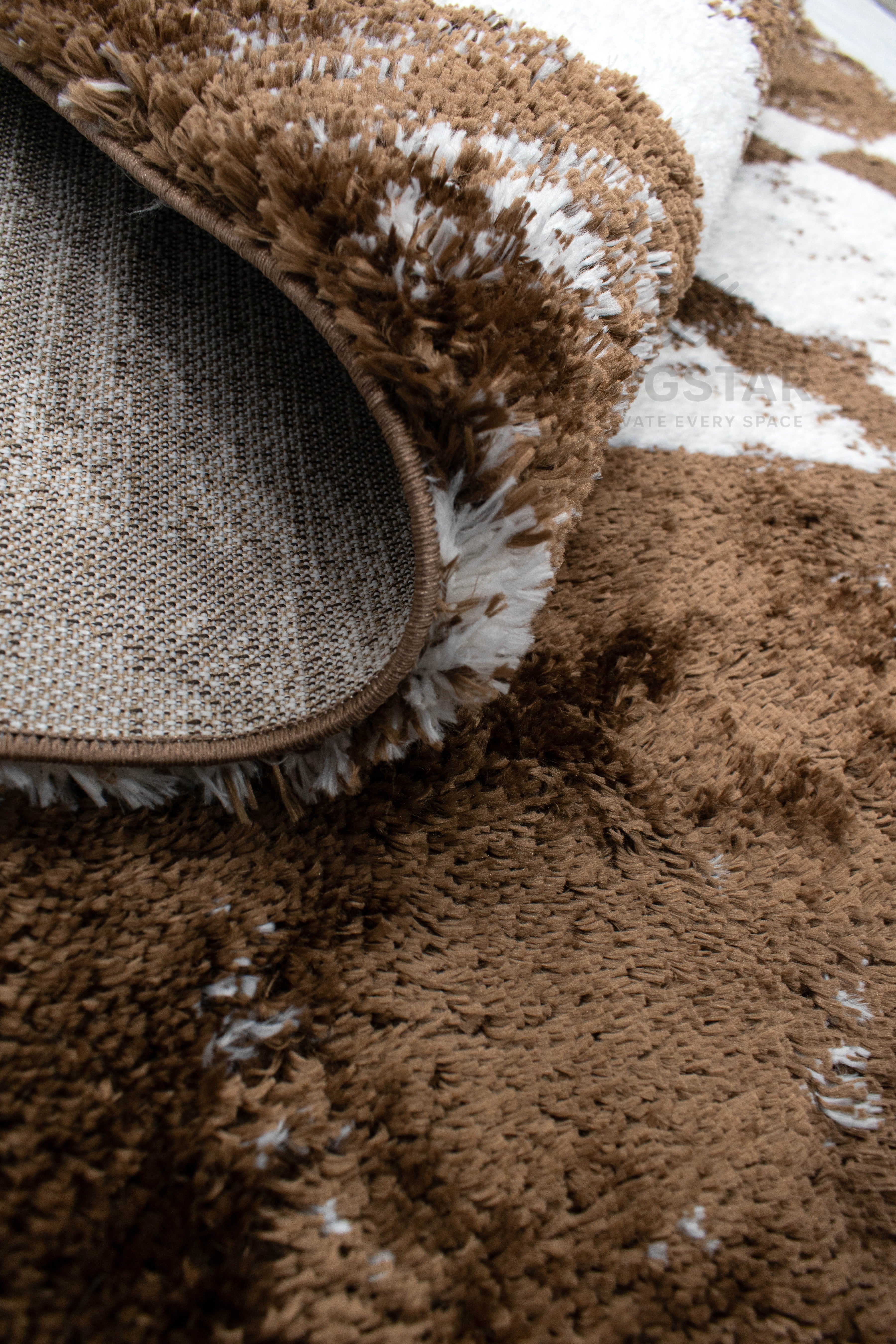 Turkish Washable Shaggy Carpet – Coffee Brown & White Geometric Abstract