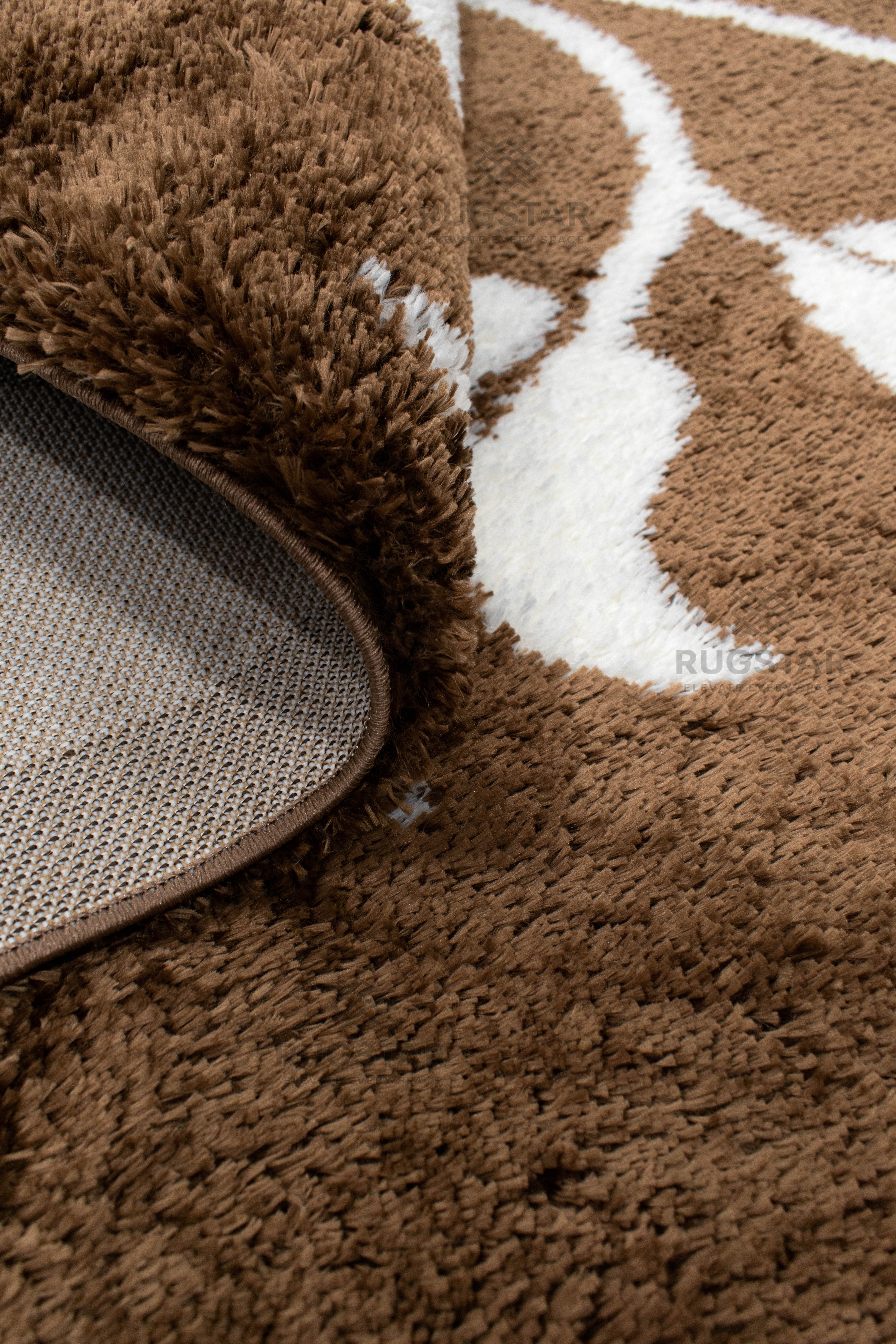 Turkish Washable Shaggy Carpet – Brown with White Floral Vine