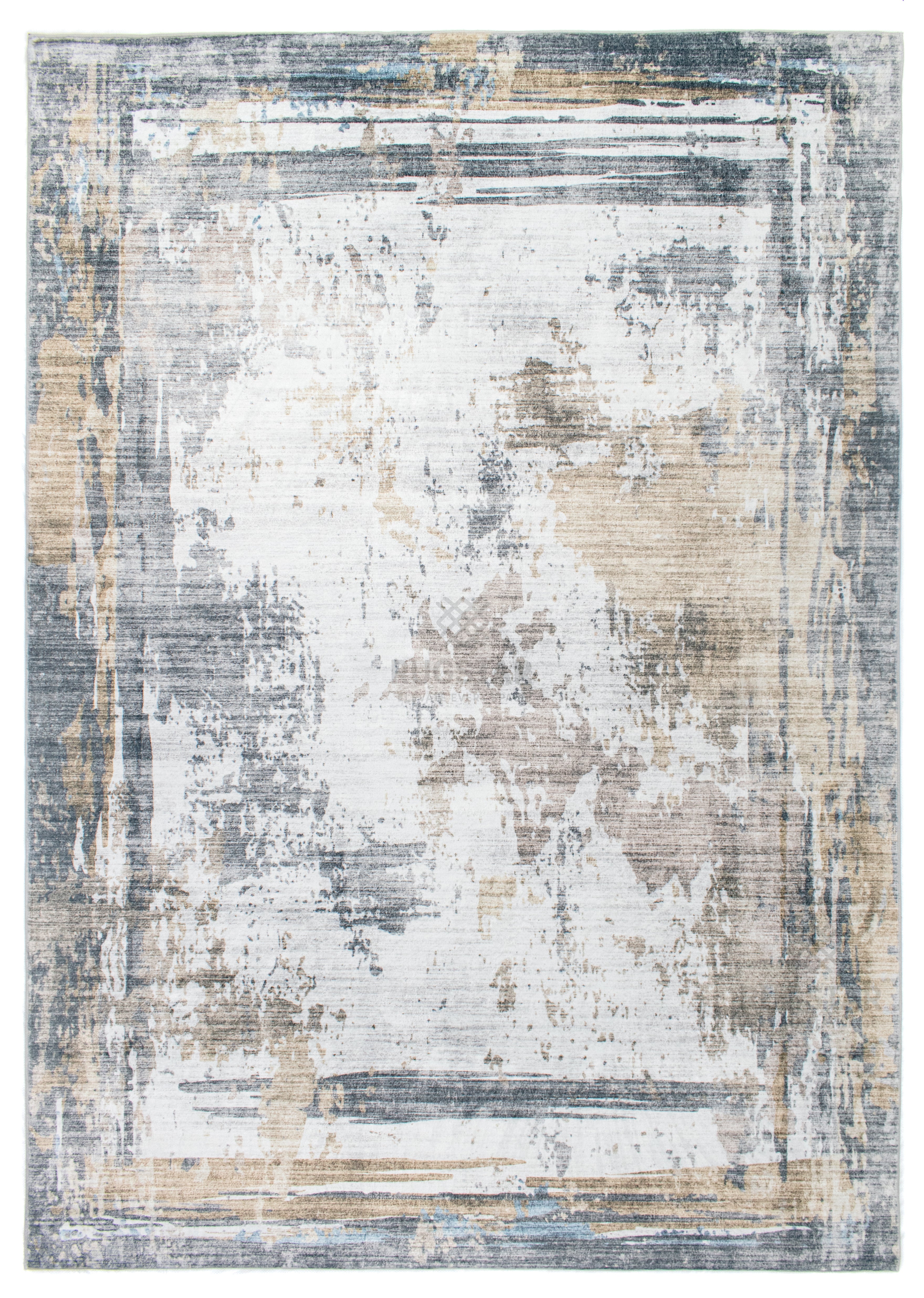 Serene Frame Faux Rabbit Fur Area Rug – Distressed Border Design in Blue & Beige