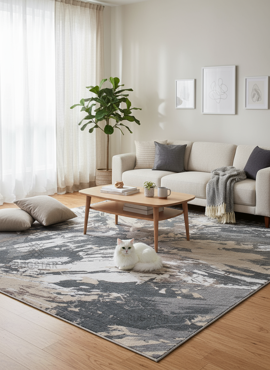 Aurora Drift Faux Rabbit Fur Area Rug – Modern Brushstroke Pattern Plush Carpet