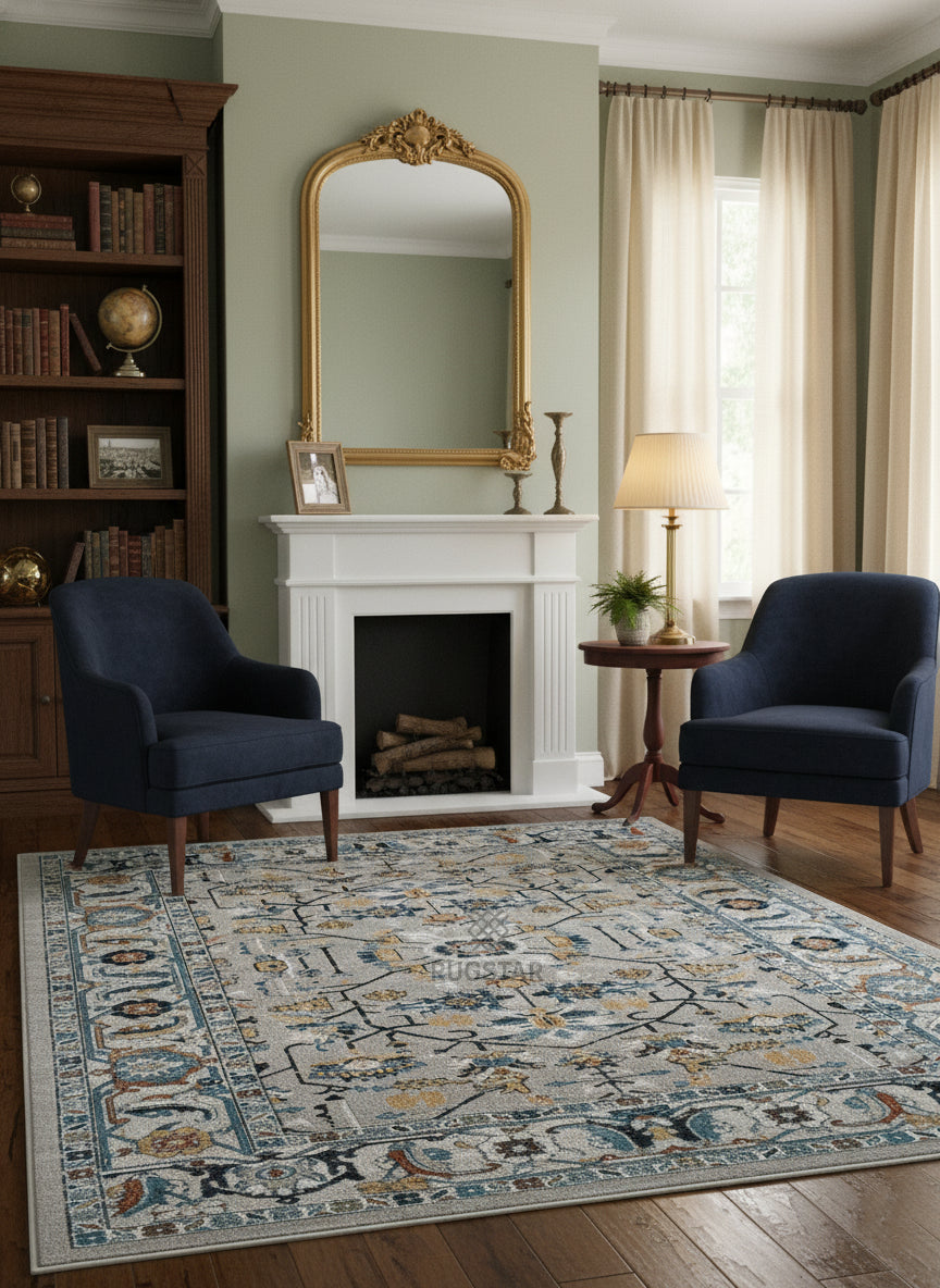 Topkapi Silver Botanical Carpet – Elegant Grey Tones with Turkish Detailing