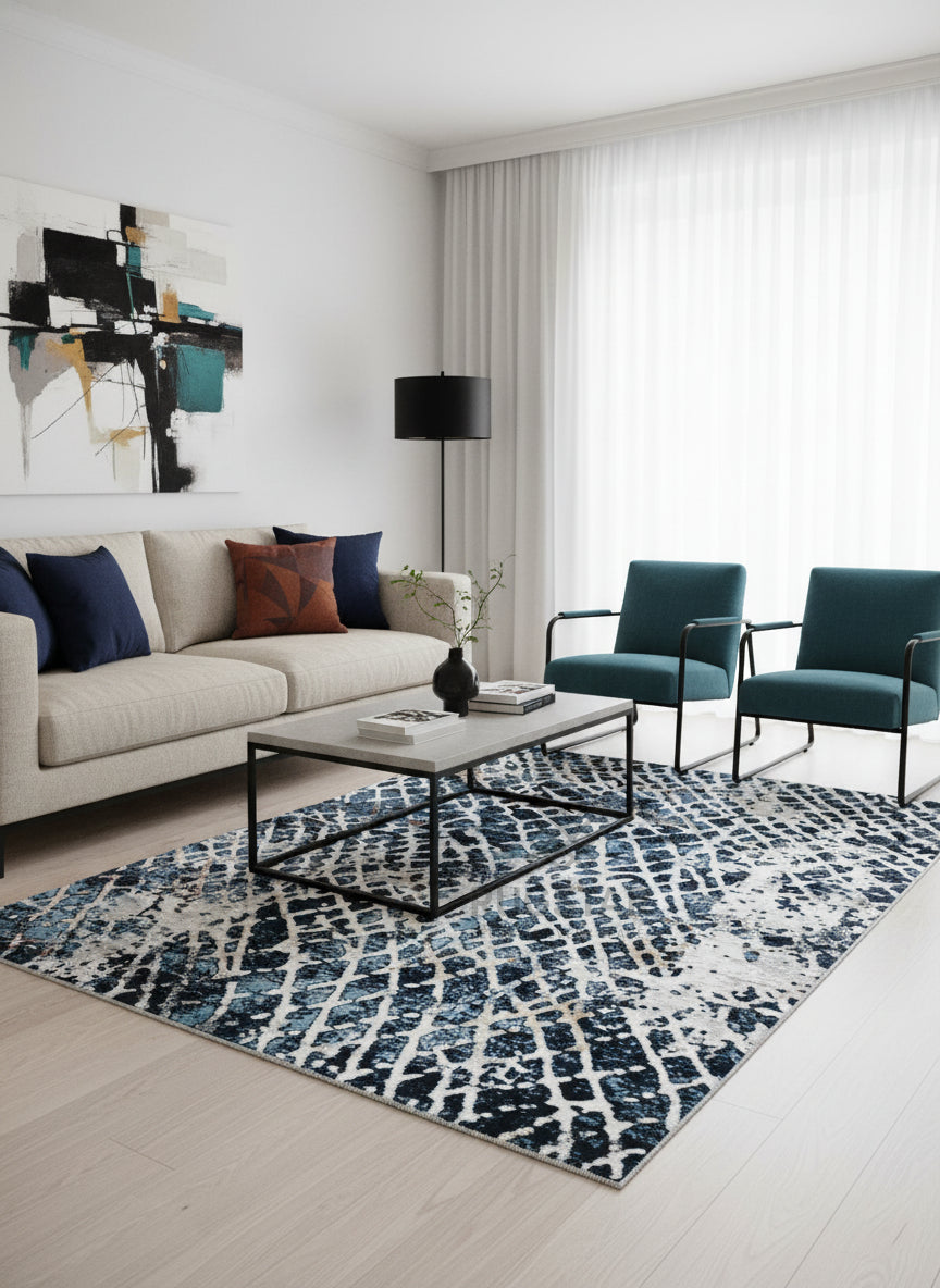 Topkapi Midnight Blue Abstract Carpet – Bold Contemporary Art for Modern Interiors