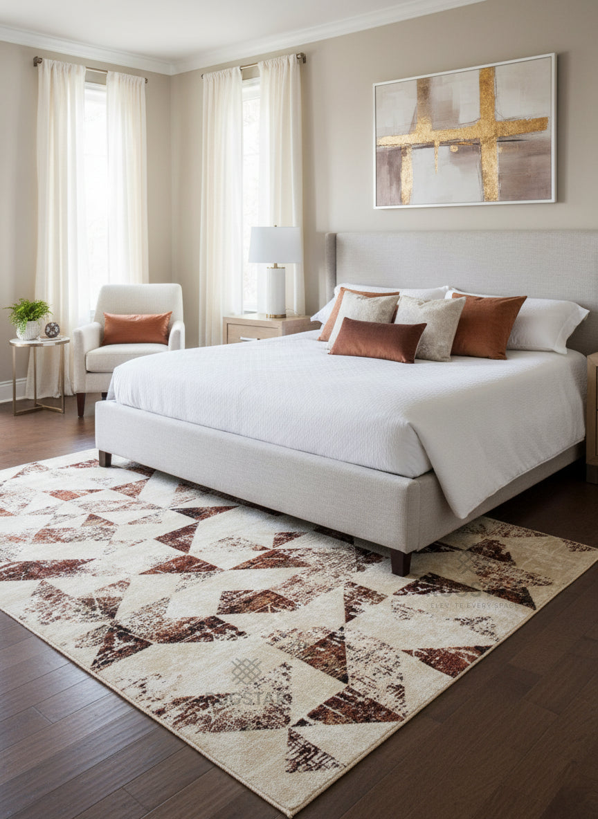 Topkapi Beige Geometric Carpet – Warm Modern Design with Rust Highlights