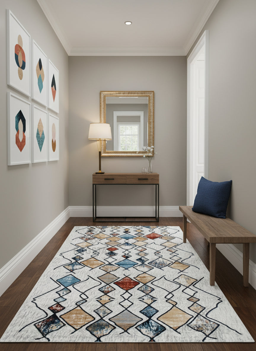 Topkapi Ivory Tribal Diamond Carpet – Modern Bohemian Flair in Multicolor Design