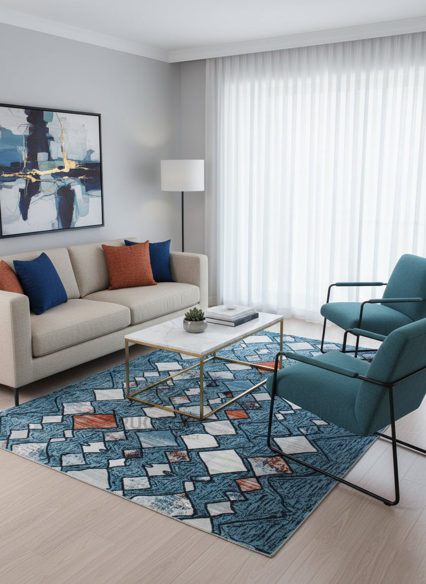 Topkapi Blue Tribal Diamond Carpet – Vibrant Heritage Motifs with a Modern Twist