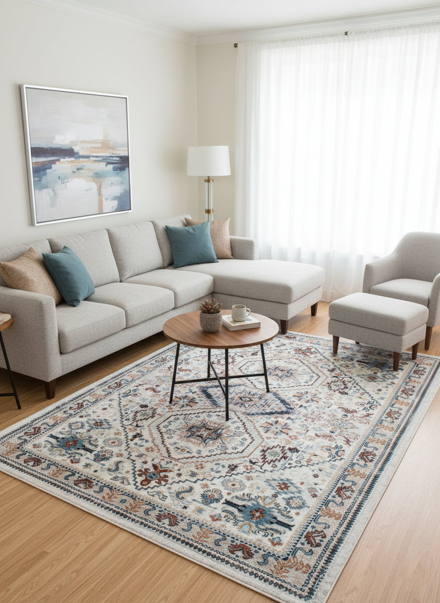 Topkapi Ivory Blue Medallion Carpet – Delicate Turkish Patterns with Modern Serenity